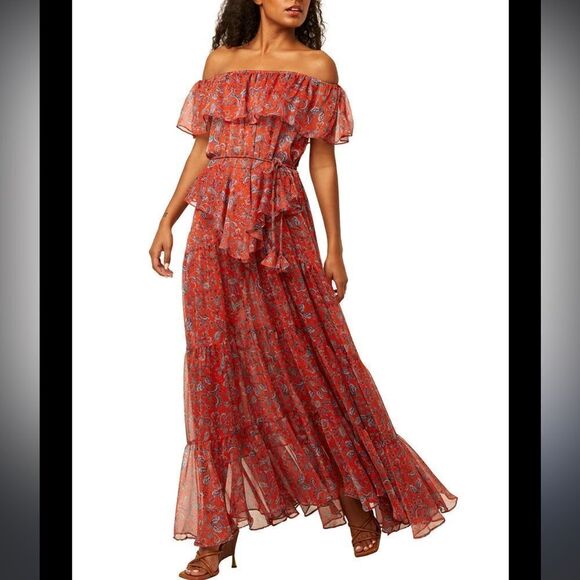 MISA Kiera Off the Shoulder Maxi Dress in Aranciatta Paisley - Picture 1 of 7